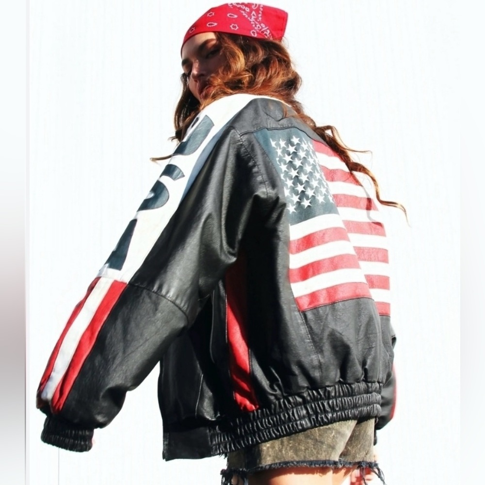 Genuine Leather vintage western bomber USA flag jacket NWT - Picture 2 of 12